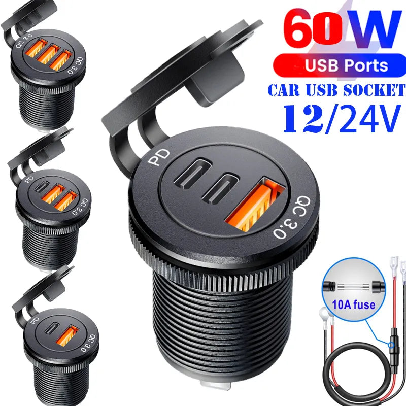 Usb socket in the car Quick Charge  PD 3.0  Car Charger 60W  Outlet Socket For 12V 24V Motorcycle Boat Marine Truck ATV